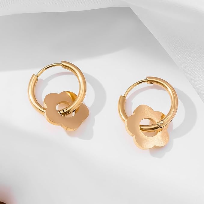 El Regalo Cute Stainless Steel Flower Huggie Hoop Earrings for Girls & Women- Anti-Tarnish, Waterproof Daisy Floral Hoops