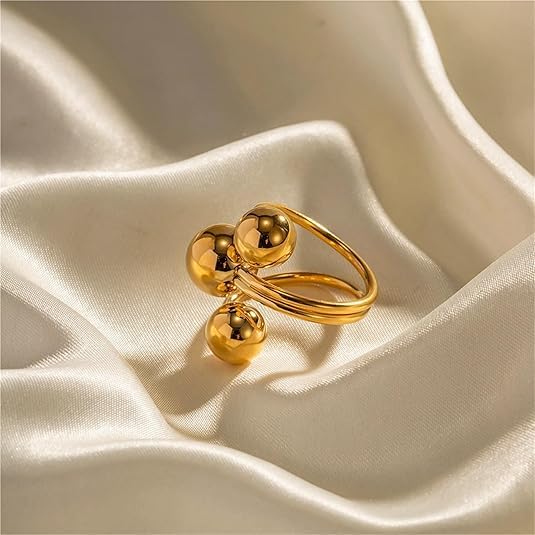 El Regalo Modern 18K Gold Plated Stainless Steel Trio Sphere Ring for Women & Girls | Elegant Big Bold Chunky Statement Ring | Triple Ball Spiral Cocktail Finger Ring | Western Fashion Jewellery