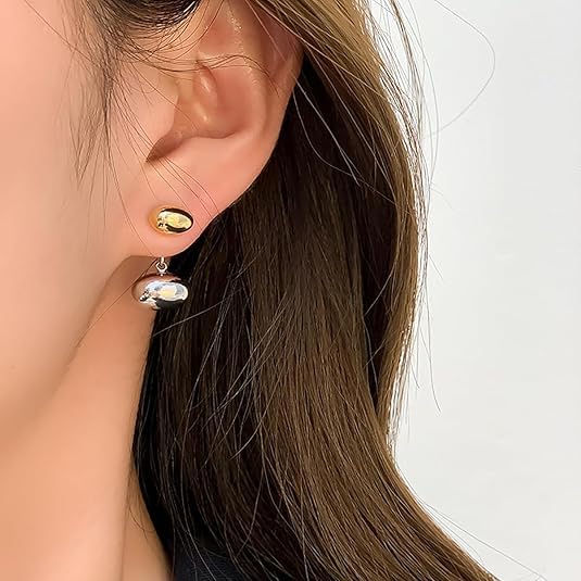 El Regalo Tiny Two Tone Teardrop Stud Earrings for Girls & Women- 2-in-1 Gold Silver Front Back Oval Bean Dangle Earrings