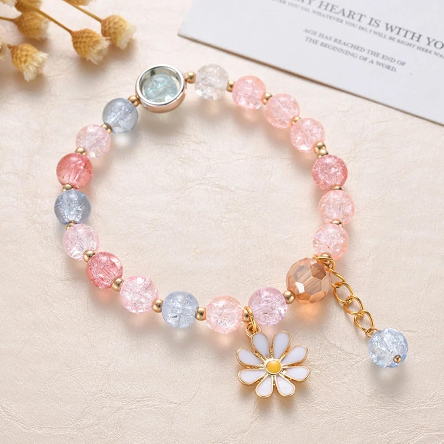 El Regalo 1 PC Dailsy Flower Sparkly Crystal Beads Tassel Bracelet for Girls/Teens/Women- Cute Crackle Beads Daisy Flower Stretch Bracelet (Multi Colored)