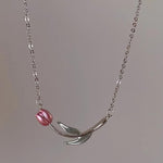 El Regalo Pink Tulip Flower Necklace- Sleek Oil Dripping Tulip Pendant Chain Necklace for Girls & Women