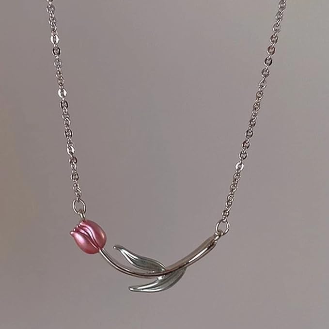 El Regalo Pink Tulip Flower Necklace- Sleek Oil Dripping Tulip Pendant Chain Necklace for Girls & Women