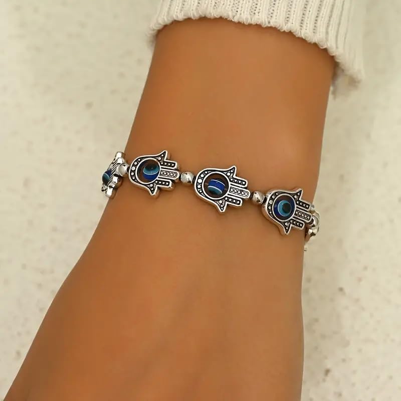 El Regalo Evil Eye Hamsa Hand Turquoise Green Beads Bracelet for Girls & Women- Antique Finish Hamsa Hand Sleek Bracelet (1 Blue + 1 Green beads)