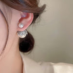 El Regalo Beautiful Double Sided Pearl Earrings for Women - Elegant Crown Rhinestone Front Back Studs | Korean Style Moti Earrings (Silver White)