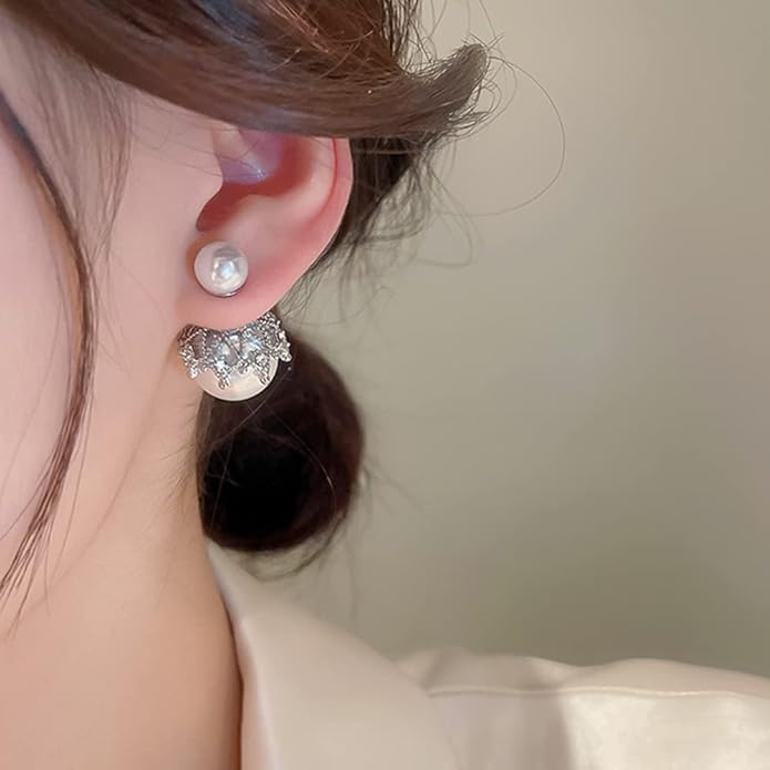 El Regalo Beautiful Double Sided Pearl Earrings for Women - Elegant Crown Rhinestone Front Back Studs | Korean Style Moti Earrings (Silver White)