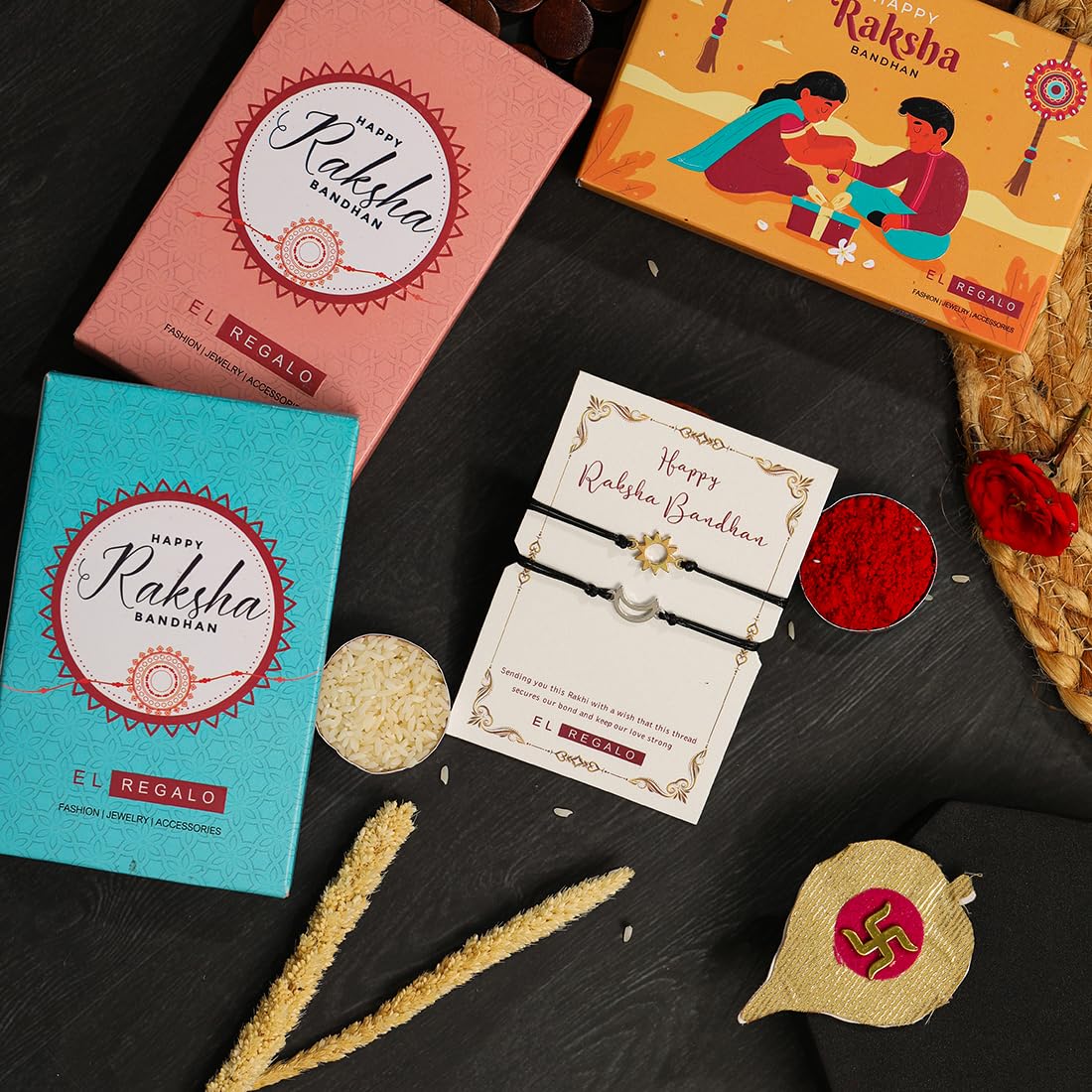 El Regalo 2PCs Sun Moon Adjustable Rakhis for Brother- Simple & Elegant 2 Rakhis with Roli Chawal, Message Card in Rakhi Box for Bhaiya-bhabhi