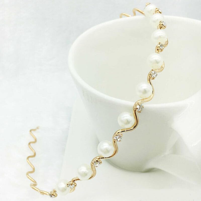 El Regalo Womens & Girls 3 Pcs Pearls Reheinstnes Hairbands Set- 3Pcs Wave Shape Headbands Pearls Rhinestones Inalid Fashion Hair Bands