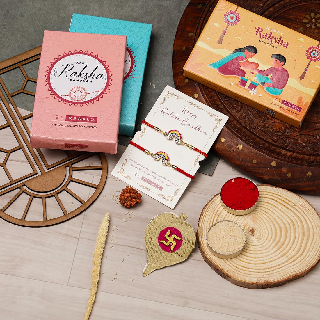 El Regalo 2PCs Cute Kids Rainbow Bracelet Rakhi Combo Sets- Fancy Kids Rakhi for Brother/Sister/Niece or Nephew with Roli Chwal, Rakhi Message Card in Rakhi Box for Babies/Toddlers/Kids (Option-3)
