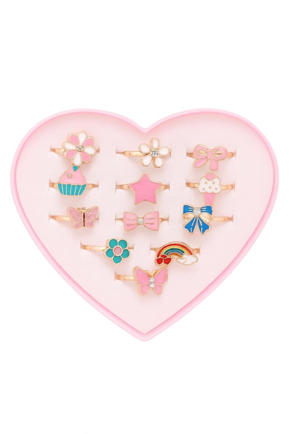 El Regalo 12 Pcs Cute Adjustable Rings Set for Kids/Girls/Women - Colorful Cartoon Enamel Finger Rings | Adjustable Cute Jewelry Gift Box - Butterfly, Flower, Bow, Heart, Cherry Designs (Style-2)