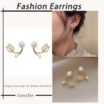 El Regalo Tulip Flower Pearl Cuff Jacket Earrings For Girls Women- Unique French Style Flower Cat's Eye Stone Front Back Climbers Crawler Earrings