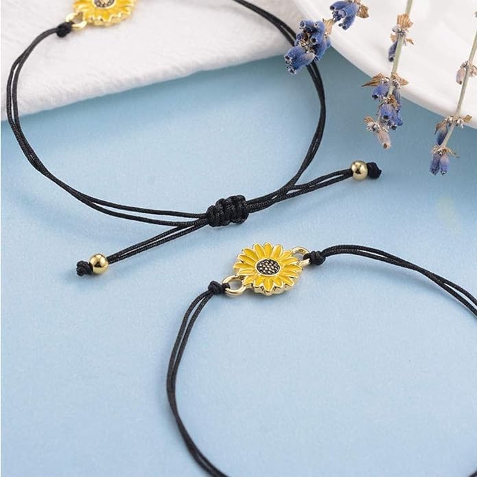 El Regalo Unisex 2 Pcs Sunflower Bracelets Set- Handmade Boho Sunflower Daisy BFF Friendship Bracelets Adjustable Braided Rope Pinky Promise Bracelets (Black)