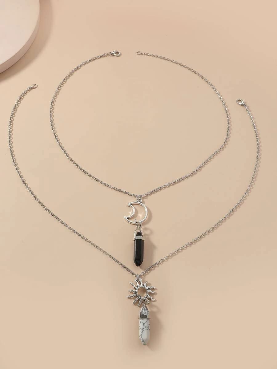 El Regalo 2Pcs BFF Best Friend Moon Sun Hexagonal Pointed Stone Pendant Necklace Set for Girls, Boys, Men, Women, Best Friend, Besties, Couples (Black & White)