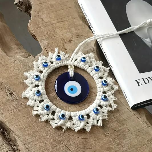 El Regalo Macrame Nazar Battu Wall Hanging with Big Evil Eye Charm | Handmade Bohemian Style Wall Decor for Home & Office | Macrame Evil Eye Protection Hanging (6.3 Inches Diameter)