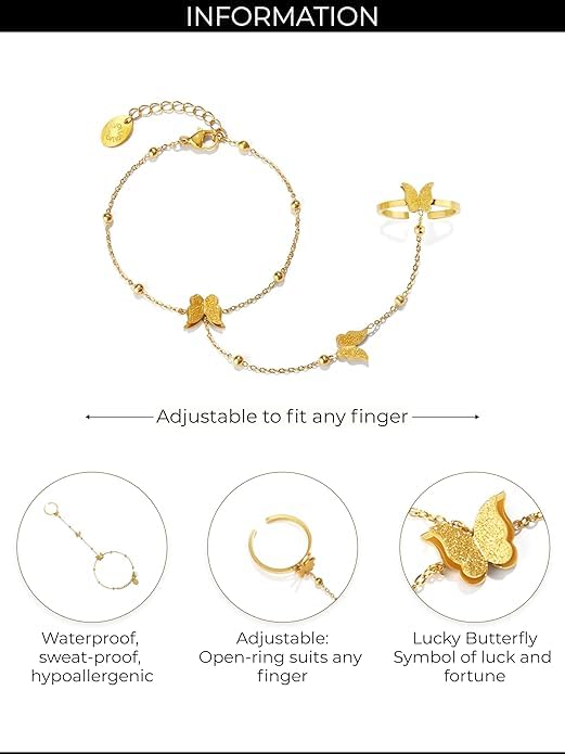 El Regalo 1PC Stainless Steel Non-Tarnish Hand Chain Bracelet with Finger Ring | Elegant & Trendy Adjustable Golden Bracelet for Women & Girls (Butterfly)