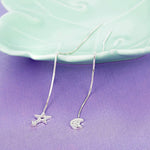 El Regalo 925 Silver Plated Minimalist Long Thin Linear CZ Elegant Threader Dangle Chain Earrings for Girls & Women (Moon Sun Threaders)