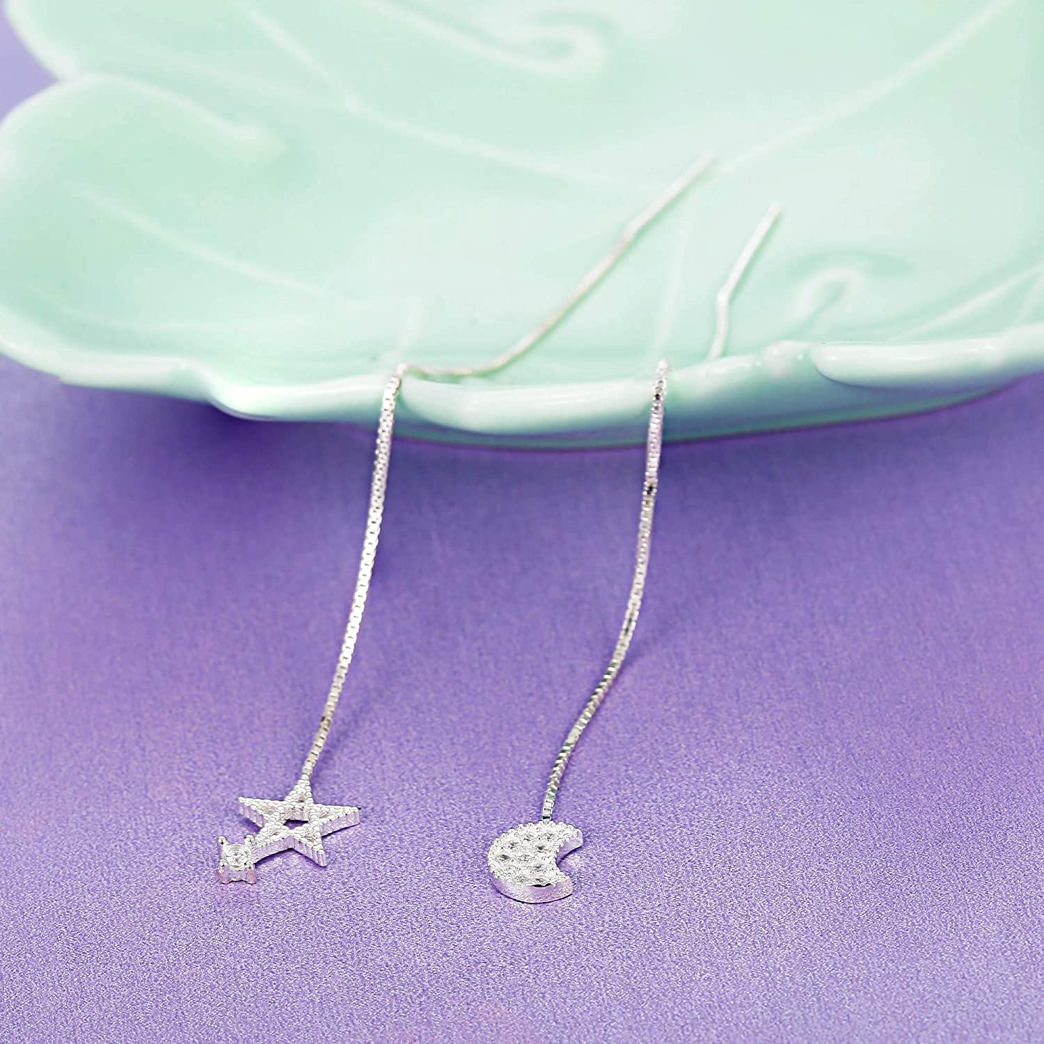 El Regalo 925 Silver Plated Minimalist Long Thin Linear CZ Elegant Threader Dangle Chain Earrings for Girls & Women (Moon Sun Threaders)