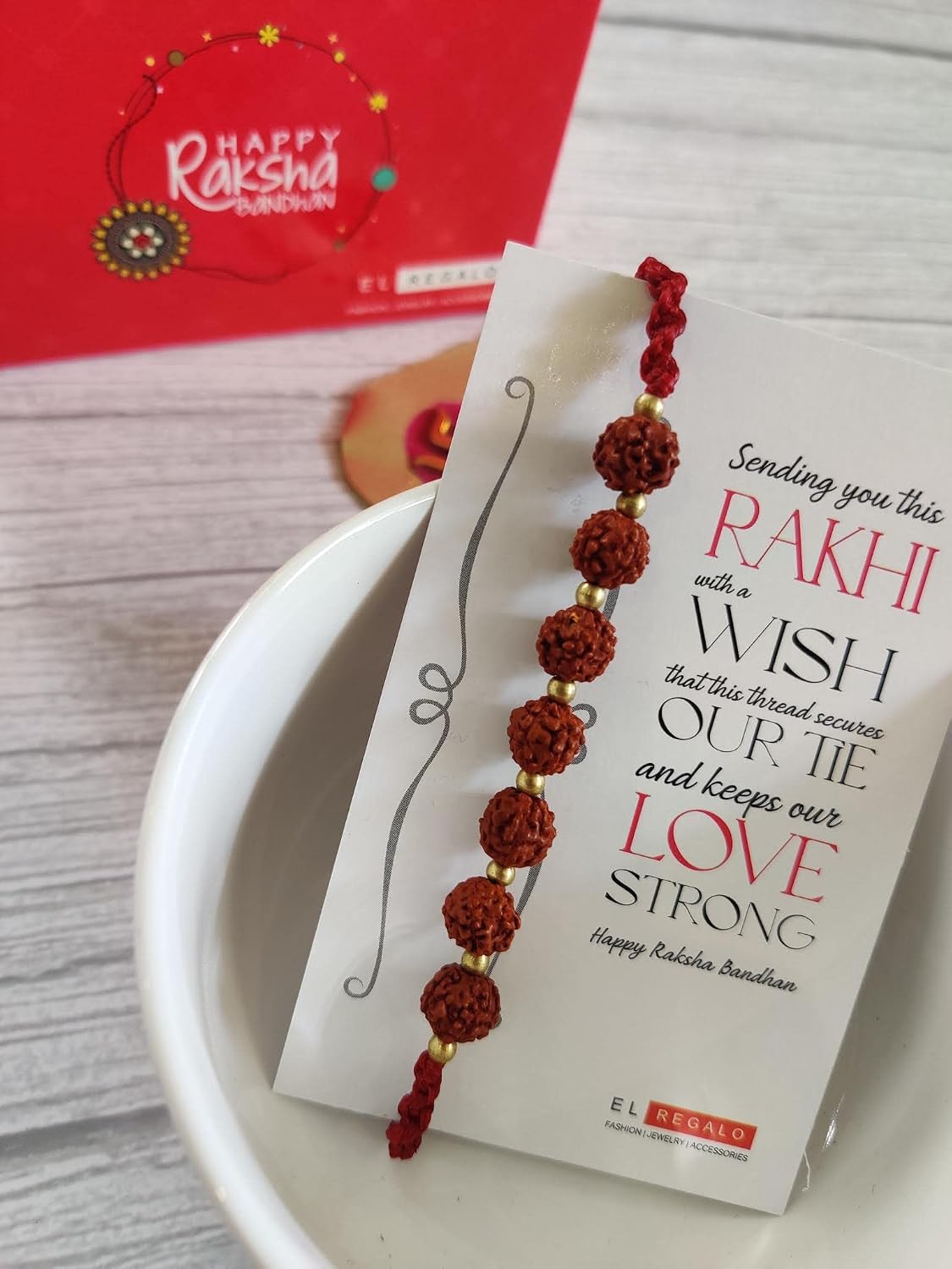 El Regalo Unisex-Adult 1 Pc Rudraksha Rakhi For Brother Lord Shiva With Shagun, Rakhi Message Card In Rakhi Gift Box For Bhai (Rudraksha Multi Beads)