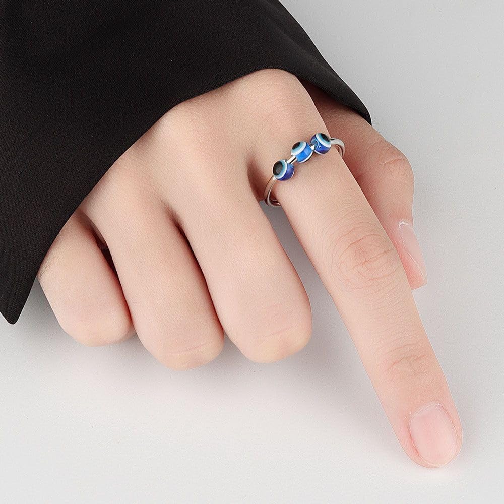El Regalo 2PCs Eye Catching Fidget Meditation Adjustable Finger Rings for Girls & Women- Retro Blue Evil Eyes Opening Adjustable Rotating Beads Rings