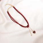 El Regalo 1PC Heart Pearls Red Lace Velvet Choker Pendant Necklace for Girls & Women