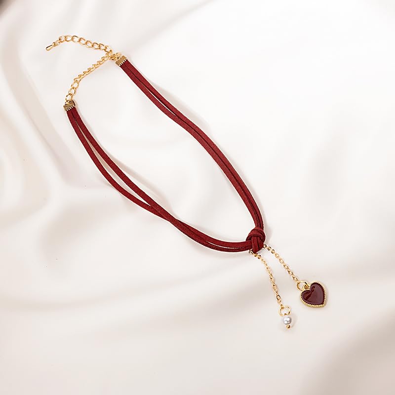 El Regalo 1PC Heart Pearls Red Lace Velvet Choker Pendant Necklace for Girls & Women