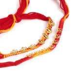 El Regalo 2PCs Red & Yellow Moli Thread Rakhi Combo Set for Brother- Auspicious OM, Ganesha, Satiya, Lion etc. Mauli Rakhi with Roli Chawal Shagun, Message Card in Rakhi Gift Box (Option-4)