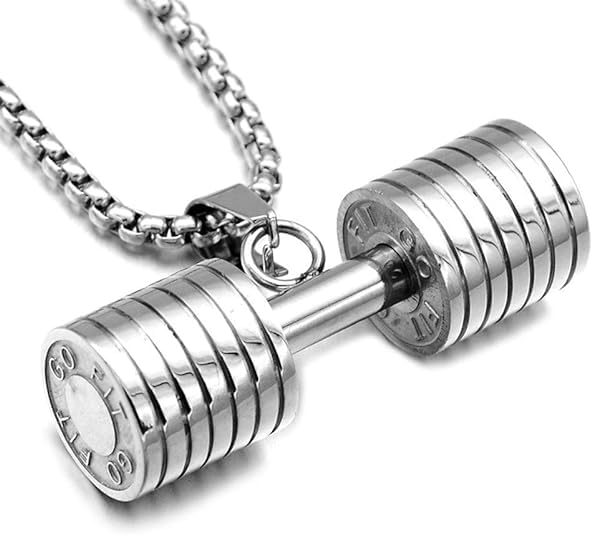 El Regalo Stainless Steel Gym Fitness Dumbbell Pendant Necklace for Boys/Men- Go Fit Motivational Fitness Sports Jewelry for Gym Lovers (Silver)