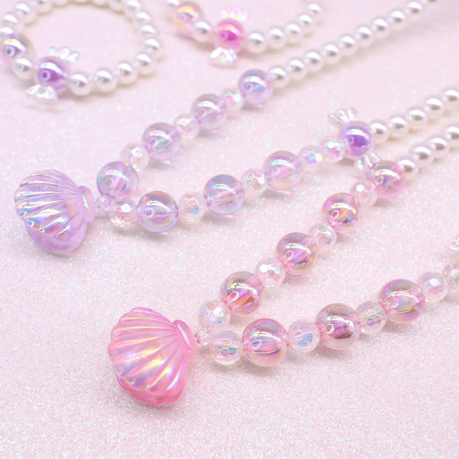 El Regalo 1 Pair Girls Kids Shiny Pearl Shell Princess Necklace & Bracelet Sets- Acrylic Shell Beads Oyster Pearl Princess Necklace Bracelet Jewelry Set for Girls Kids (Purple)