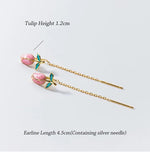 El Regalo Tulip Flower Threader Tassel Earrings for Women Teen Girls- Pink Flower Bud Dangling Chain Studs Earrings- Needle Thread Earrings