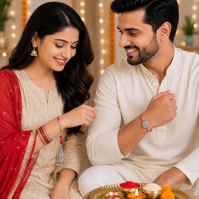 Red Lumba Rakhi Set For Bhaiya Bhabhi - German Silver Rakhi Combo Set with Roli Chawal, Message Card in Rakhi Gift Box