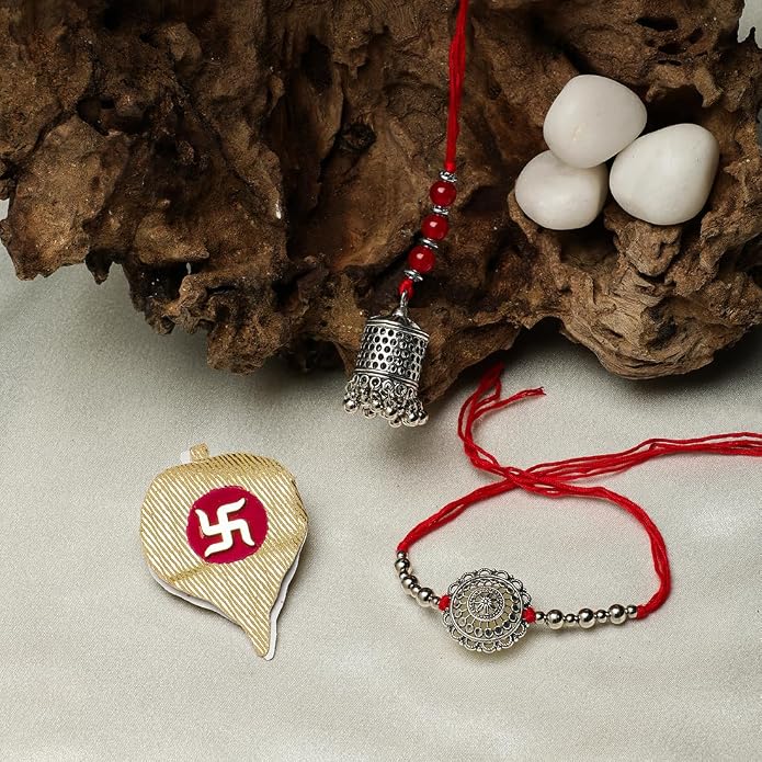 Red Lumba Rakhi Set For Bhaiya Bhabhi - German Silver Rakhi Combo Set with Roli Chawal, Message Card in Rakhi Gift Box